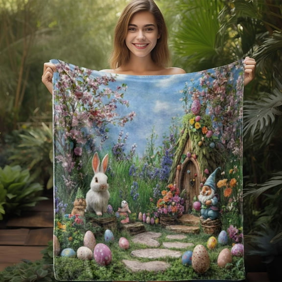1pc Flannel Blanket, Easter Cottage Rabbit Gnome Egg Printed Blanket, Warm Cozy Soft Blanket for Sofa Bed Couch Car Office Camping Travel, Gift Blanket for All Seasons, Flannel, Gnome