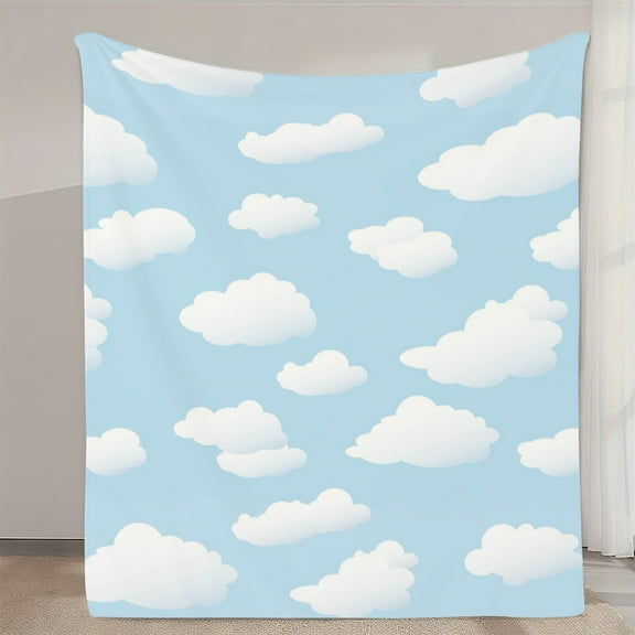 1pc Flannel Blanket with Light Blue Background and White Clouds Pattern, Soft Warm Nap Throw for Sofa, Office, Bed, Camping & Travel - All-Season Multi-Purpose Gift Blanket, 2D Flat