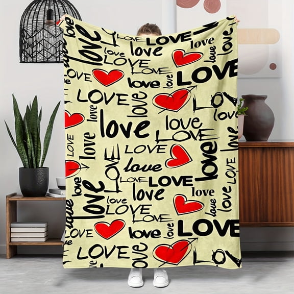 1pc Flannel Blanket with "Love" Print and Red Heart Pattern, Featuring "LOVE" Romantic Elements, Throw Blanket, Gift Blanket for Couples, Dad, Mom, Lover, Best Friend, Decorative Blanket
