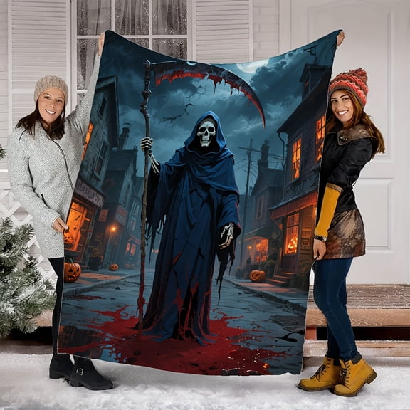 1pc, Flannel Blanket Soft Halloween Grim Reaper Street Scene Flannel Blanket, 2D Non-Electric Deep Night Color, Handheld Sickle Grim Reaper Figure, Deep Blue and Blood Color Interwoven, Gothic Style,