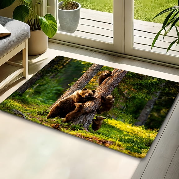 1pc Flannel Brown Bear Forest Pattern Door Mat, Indoor Non-Slip Carpet, Machine Washable and Fade-Resistant, Soft, Comfortable, and Durable. Suitable for Living Room, Bedroom, Kitchen