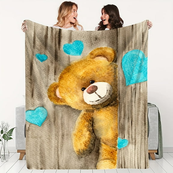 1pc Flannel Teddy Bear Toy Printed Blanket Shawl Blanket Soft Skin-friendly Casual Sofa Blanket, Throw Blanket, Nap Blanket, Multi-purpose Gift Blanket For Friends Daughter
