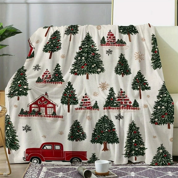 1pc Flannel Throw Blanket, Christmas Pine Tree & Truck Print, Soft Warm Cozy Blanket for Sofa Bed Car Office Camping Travel, All-Season Gift, Mixed Color, Knitted