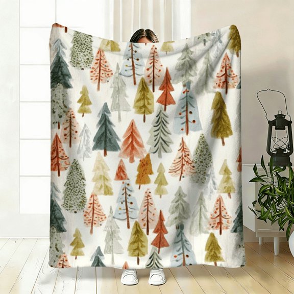 1pc Flannel Throw Blanket Contemporary Digital Print With Festive Trees, All-Season Multipurpose Plush Blanket, Machine Washable, Polyester.