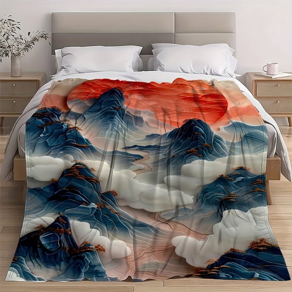 1pc Flannel Throw Blanket with Sunset Mountain & Clouds Design - Soft, Warm, and Durable for Bed, Sofa, Office, Dorm, Car, Camping, Nap, or Tabletop Use - Machine Washable, All-Season Comfort, Perfec