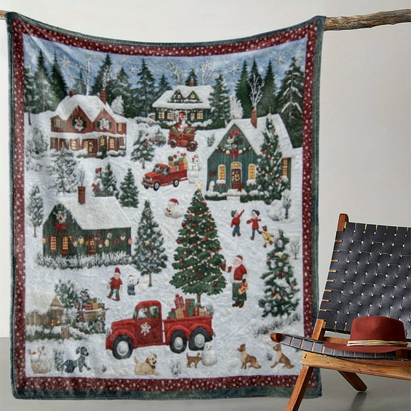 1pc Flannel Throw Blanket, Winter Red Pickup Truck Print, Soft Cozy Warm Blanket for Sofa Bed Car Office Camping Travel, All-Season Gift Blanket