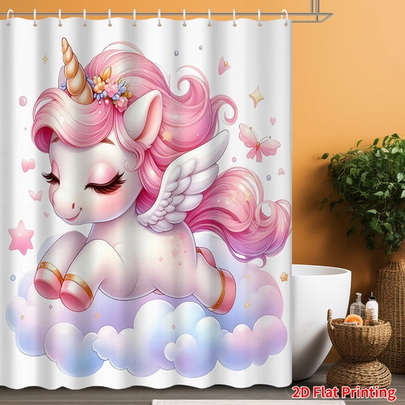 1pc Flat Printing Dreamy Pink Unicorn and Angel Wings Shower Curtain, High-Definition Digital Print, Bathroom Partition Curtain, Suitable for Walls and Bathtubs, Bathroom Home Decor Shower Curtain,