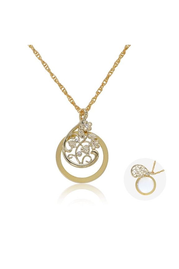 1pc Flat Round with Flower Magnifying Glass Pendant Alloy Rope Chain Necklaces for Women Golden 36.02 inch(91.5cm)
