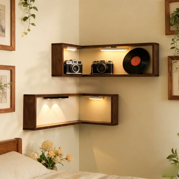 1pc Floating Corner Shelves That Light up Your Space, Corner Floating Storage Shelves,Wooden Wall-Mounted Corner Shelf Display Rack, Space-Saving