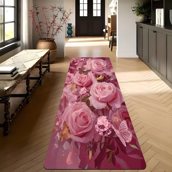 1pc Floral &  2D Carpet Rug with Soft Adhesive Backing - Long Runner Mat Suitable for Hallway, Kitchen, Bedroom - Machine Washable Low-Pile, Spring Summer Decor, Installation, 2D Flat