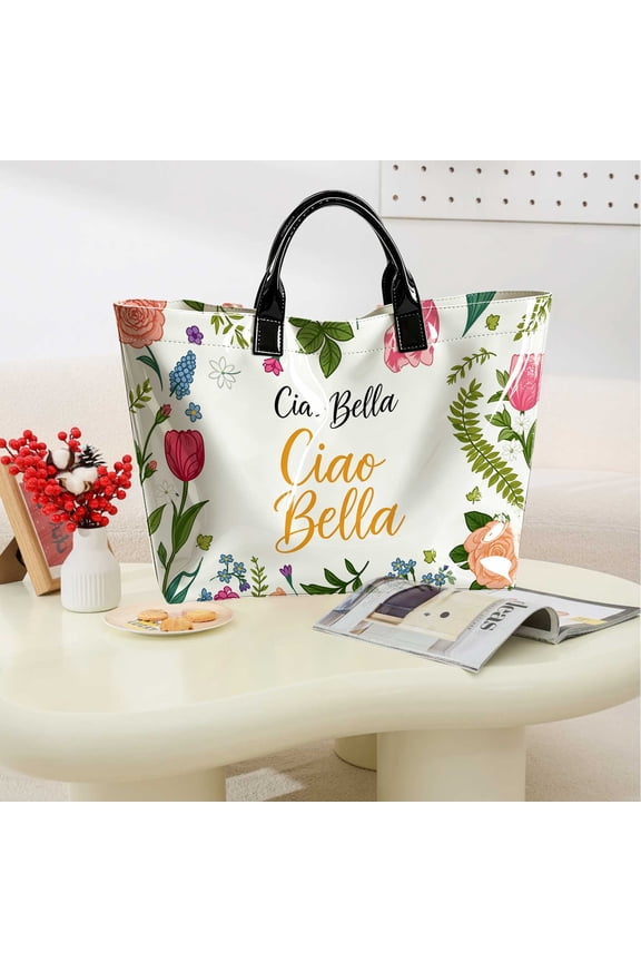 1pc Floral Alphabet Ciao Bella Printed Tote Bag, Daily Leisure Travel Campus, Trendy Women's Top Handle Bag, Thanksgiving & Christmas Gifts