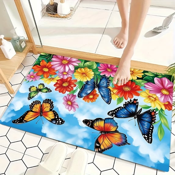 1pc Floral Butterfly Bath Rug, Non-Slip Flannel Sponge Absorbent Mat with Butterfly Pattern for Bathroom Kitchen Laundry Entryway, Washable Floor Carpet