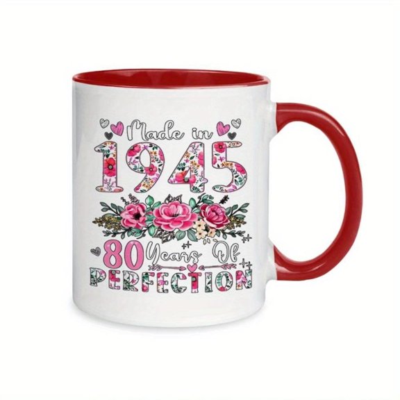 1pc Floral Celebration Mug 11 Ounce Vintage Design with Made in 1945 80 Years of Perfection Text Holiday Birthday Christmas or Summer Gifts Mug Vintage Floral Mug Durable Mug