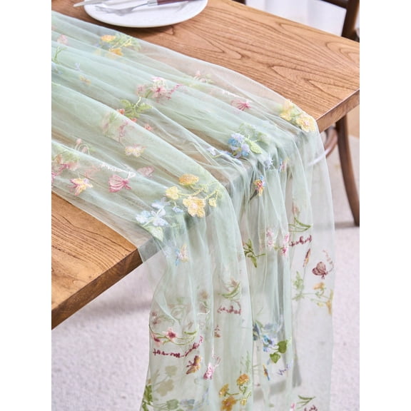1pc Floral Embroidered Sheer Table Runner Romantic Farmhouse Style Suitable For Daily Use Festivals Weddings Hotels Birthday Parties Home Decor