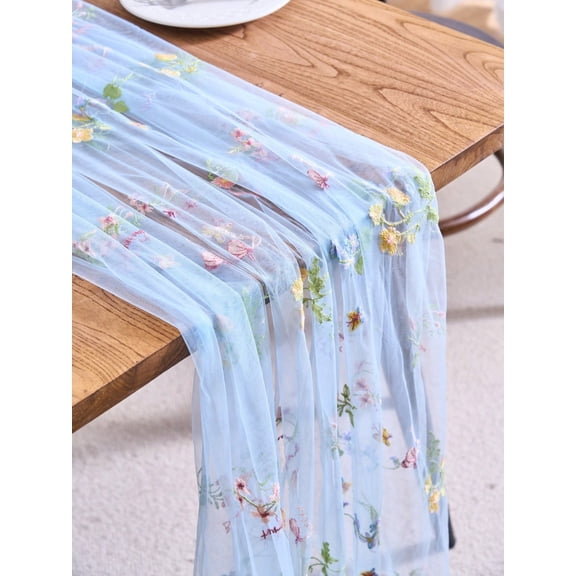 1pc Floral Embroidered Sheer Table Runner Romantic Farmhouse Style Suitable For Daily Use Festivals Weddings Hotels Birthday Parties Home Decor