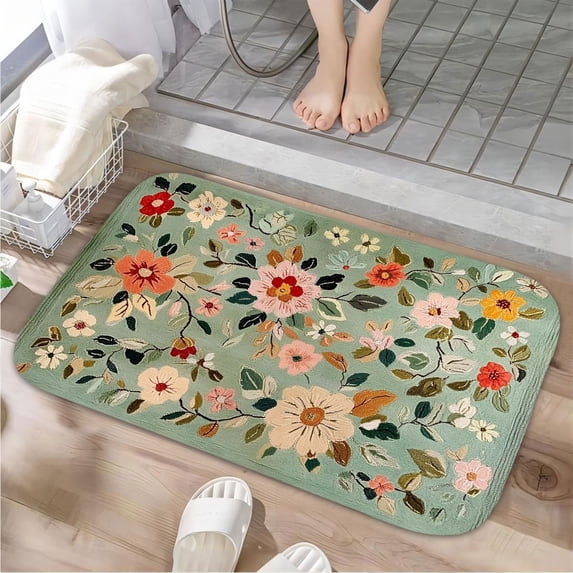 1pc Floral Embroidery on Green Absorbent Non-Slip Bathroom Thickened Flannel Rug Decor,Soft,Quick Drying,Suitable For Indoor/outdoor Use,Bathrooms,Bedrooms,Kitchens,Terrace,Laundry Rooms,16"x24"