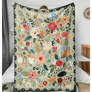 1pc Floral Flannel Plush Blanket for Women, Bright Green Background Colorful Floral Print, Soft Comfort All-Season, Stylish Modern, for Sofa Home Decor