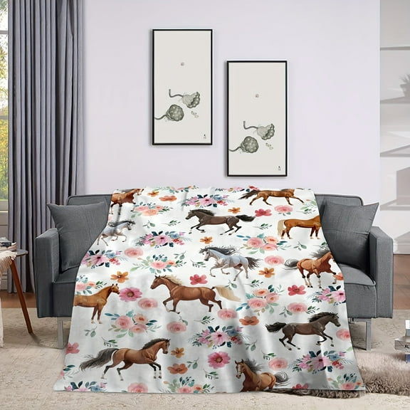 1pc Floral Horse Print Soft Throw Blanket, Flannel Fleece Blanket, Cozy Gift For Friends