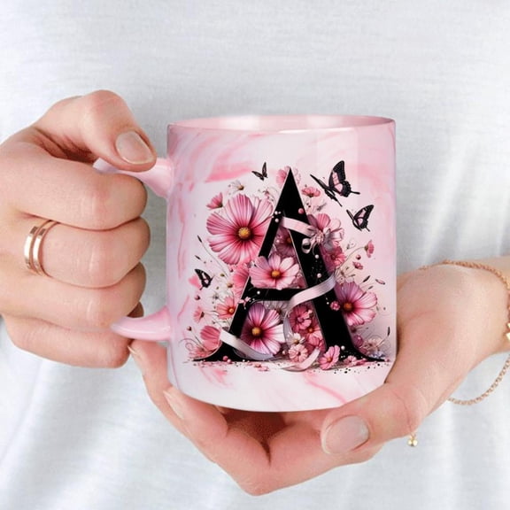 1pc Floral Monogram A Z Coffee Mug 11oz Ceramic Round Cup Hand Wash Only Reusable Ideal Home Office Christmas Halloween Easter Thanksgiving Family Use