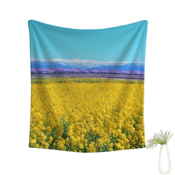 1pc Floral Snow Mountain Landscape Flannel Blanket - Golden Flower Sea, Purple Forest with Snowy Mountains Background, Exquisite Scenery. Made of high-quality flannel material, Light Beige-friendly a
