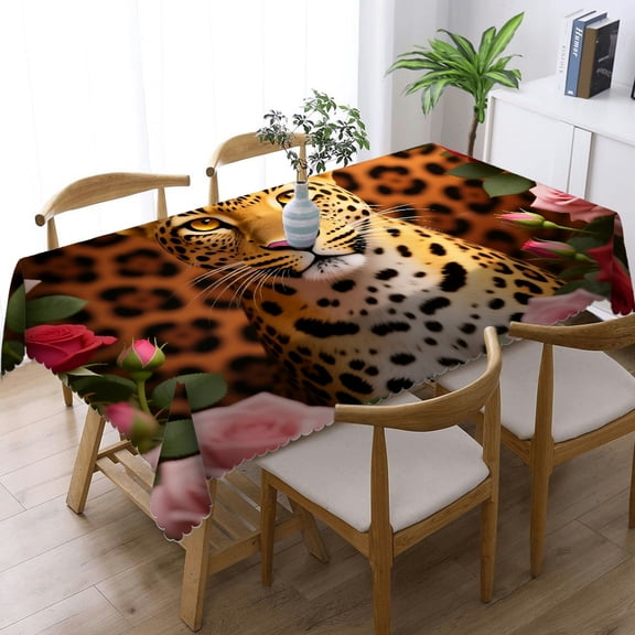 1pc Floral Wild Brown Leopard Print Rectangular Tablecloth, Machine-Made Holiday-Themed Design, Floral Wild Brown Leopard