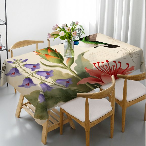 1pc Flower Butterfly Bird Print Rectangular Tablecloth, Holiday Party Tablecloth Festive Table Setting, Flower Butterfly Bird