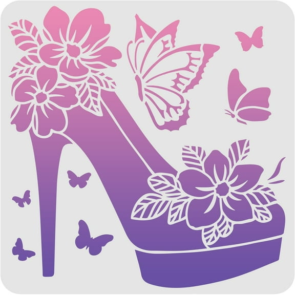 1pc Flower High Heel Shoe Template Stencil 11.8x11.8inch Butterfly Reusable Stencils for Painting Wall Art DIY at Home for Decor Fabric Glass T-Shirt Paper Floor and Wood White