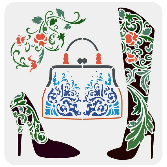 1pc Flower High Heel Stencil for Painting 30x30cm Plastic PET Vintage Bag Craft Stencils Large Women Boot High Heel Drawing Template Vines Flowers Stencils