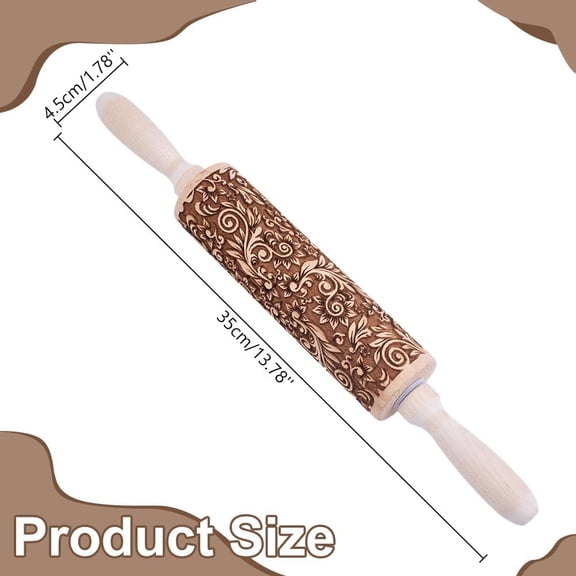 1pc Flower Print Wood Rolling Pin Dough Roller for Baking Embossed Cookies Kitchen Tool PapayaWhip 350mm