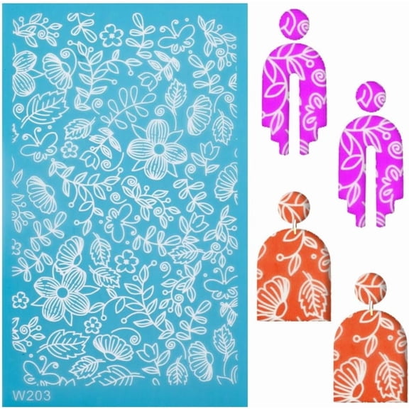 1pc Flower Silk Screen for Polymer Clay Reusable Silkscreen Printing Working with Clay Earrings Polymer Screen Print on Clay Stencil Tools Nylon Impression Mat for Jewelry Making 3.5x5.8Inch