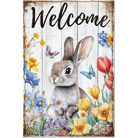 1pc Flowers Bunny Metal Tin Sign 8x12in Vintage Rabbit Floral Tin Painting Tin Signs Easter Bunny Wall Poster Plaque for Home Garden Spring Event Kitchen Living Room Easter Celebration