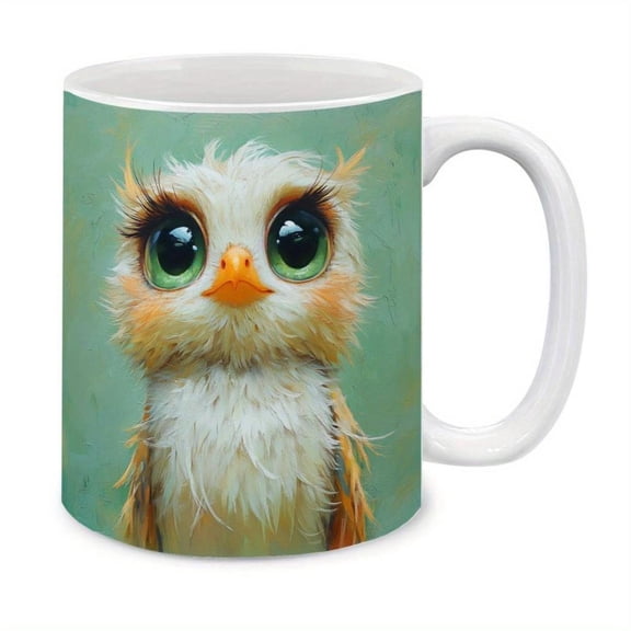 1pc Fluffy Owl Ceramic Mug 11oz Cartoon Coffee Cup with Large Green Eyes Orange Beak Beverages Birthday Holiday Idea Holiday Playful Design Giftware