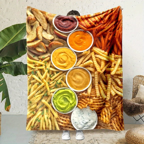 1pc, Fluffy & Soft Fleece Throw Blanket, 200-250g Polyester, Digital Printed French Fry Pattern, Reversible, All-Season, Contemporary Style, Home & Office Use, Ideal Gift for Family & Friends