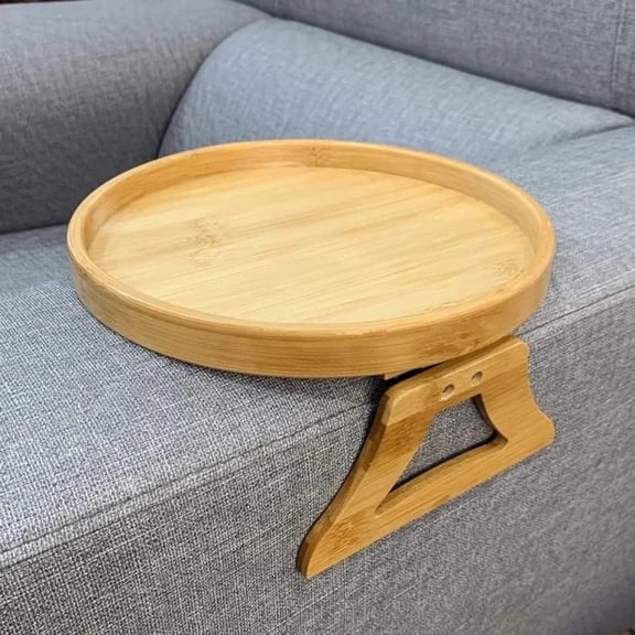 1pc Foldable Sofa Armrest Tray Wooden Round Plate Snack Table, Clip-on Sofa Side Table, Portable Small Spaces Side Table