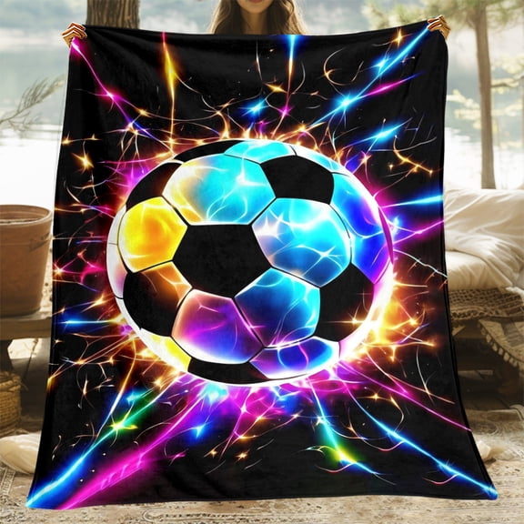 1pc Football Themed Blanket with Soccer Jersey Print Lightweight Flannel All Season Bedspread for Adults Sports Fans Realistic Football Player Design for Travel Camping Machine Washable Gift