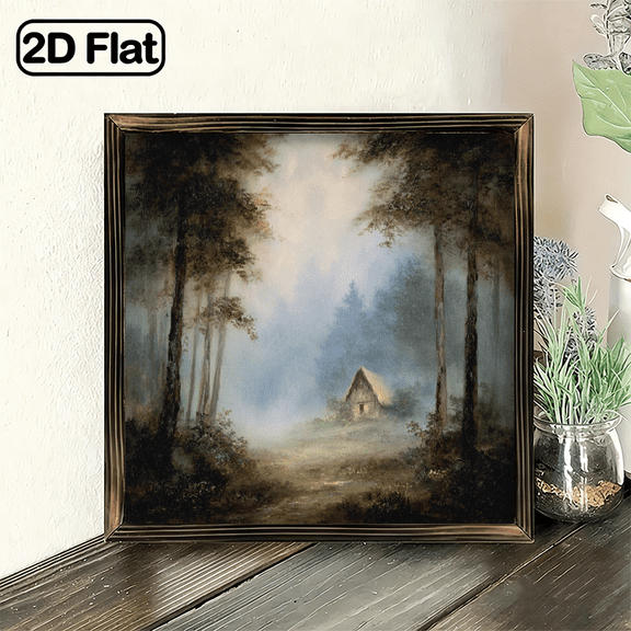 1pc Forest Cabin Foggy Landscape Art Print Framed Wall Decor for Living Room Bedroom Office Study, 8x8 Inch Decorative Signs & Plaques, Aesthetic Nature Gift for Family Friends Art Lovers