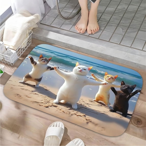 1pc Four Cats on the Beach Absorbent Non-Slip Bathroom Thickened Flannel Rug Decor,Soft,Quick Drying,Suitable For Indoor/outdoor Use,Bathrooms,Bedrooms,Kitchens,Terrace,Laundry Rooms,16"x24"