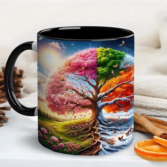 1pc Four Seasons Tree Art Ceramic Mug 11oz Hand Painted Look Ceramic Coffee Cup with Seasonal Nature Landscape Design Spring Summer Fall Winter Suitab