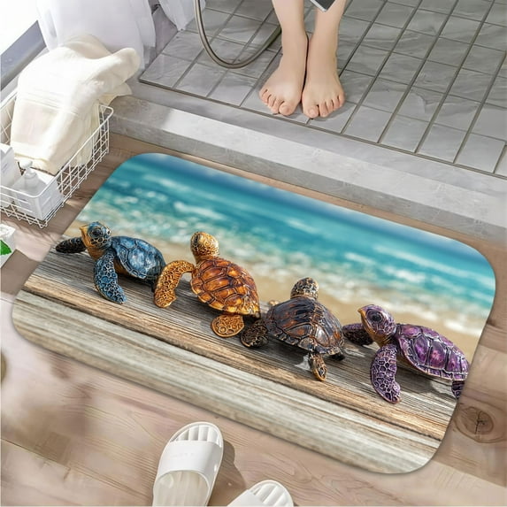 1pc Four Turtle Figurines Absorbent Non-Slip Bathroom Thickened Flannel Rug Decor,Soft,Quick Drying,Suitable For Indoor/outdoor Use,Bathrooms,Bedrooms,Kitchens,Terrace,Laundry Rooms,16"x24"