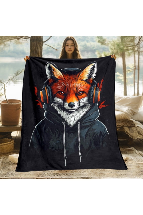 1pc Fox in Hoodie Print Blanket Lightweight Flannel Bedspread Suitable for Sofa Camping Bed & Travel Cozy Winter Warm Throw with Fox Soft Bed Covering