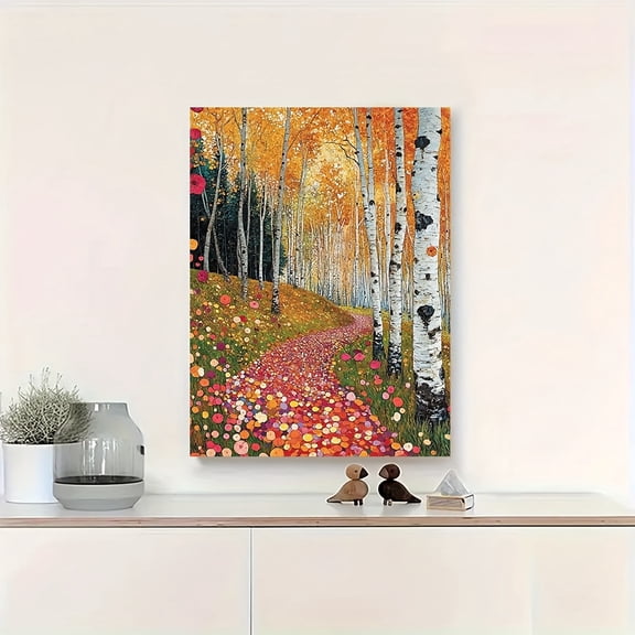 1pc Framed  Autumn Forest Canvas Wall Art Print - Gustav Klimt Inspired Vibrant Woodland Decor, Modern Art Nouveau Landscape Painting with Birch Trees & Floral Pathway, Ready to Hang Home D
