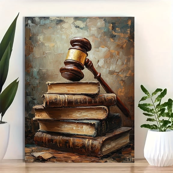 1pc Framed Canvas Art Measuring 12.0X16.0 inch Featuring a Judge'S Gavel And Stacked Books, Ideal for Legal-Themed Decor in a Lawyer'S Office. This Artwork Serves As a Thoughtful Gift for Lawyers