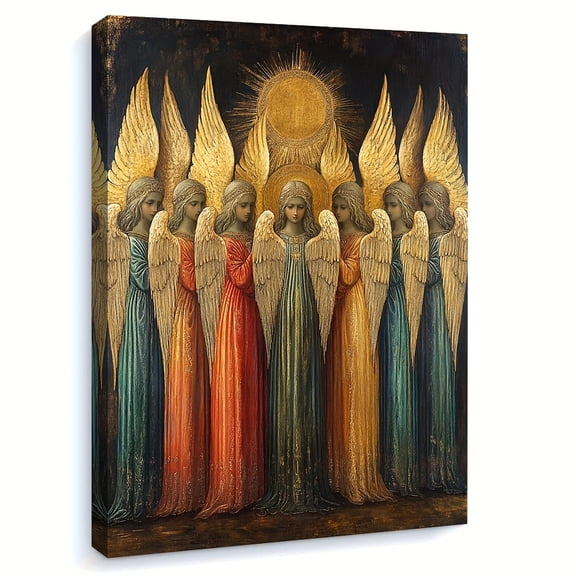 1pc Framed Canvas Wall Art, Byzantine Orthodox Icon of Synaxis of Archangels - Four Angels & Radiant Sun Religious Wall Art with Golden Hues on Dark Background, Wrapped Canvas Frame for Home, Office