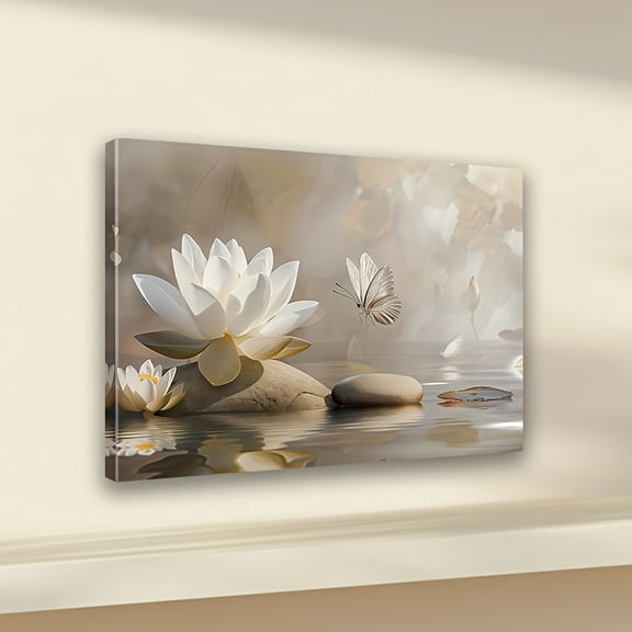 1pc Framed Canvas Wall Art - Elegant Butterfly & Blooming White for Lotus Nature Scene, Wooden Frame, High-Quality Ink on Canvas, Horizontal Wall Decor for Living Room, Bedroom, Kitchen, Office