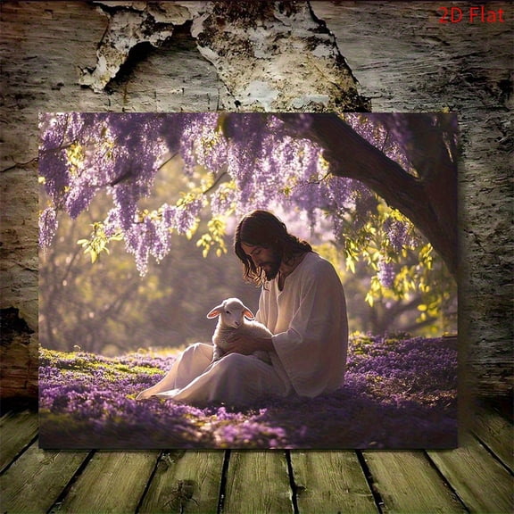 1pc Framed Canvas Wall Art, Religious and Lamb Painting with Purple Wisteria Flowers, Vintage Christian Decor in Wrapped Canvas Frame for Living Room, Bedroom, Church, Nursery Spiritual Home +