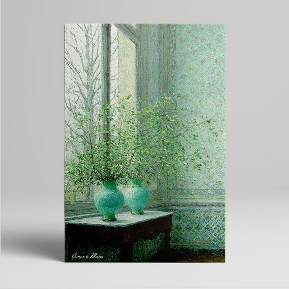 1pc Framed Canvas Wall Art of Two Green Vases with Leafy Branches Placed on a Table by a Window, Decor room hanging Wall Picture Decor for Home Gifts, living room, bathroom, bedroom, kitchen wall art