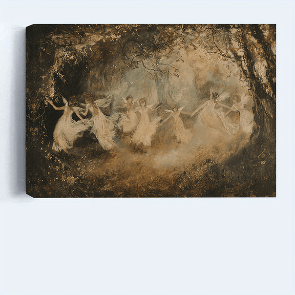 1pc Framed Canvas Wall Art - Vintage Fairy Dance Dark Academia Moody Fairytale Painting, Ethereal Ballerinas in Mystical Forest with Beige Brown Green Tones, Ready-to-Hang Fantasy Home Decor