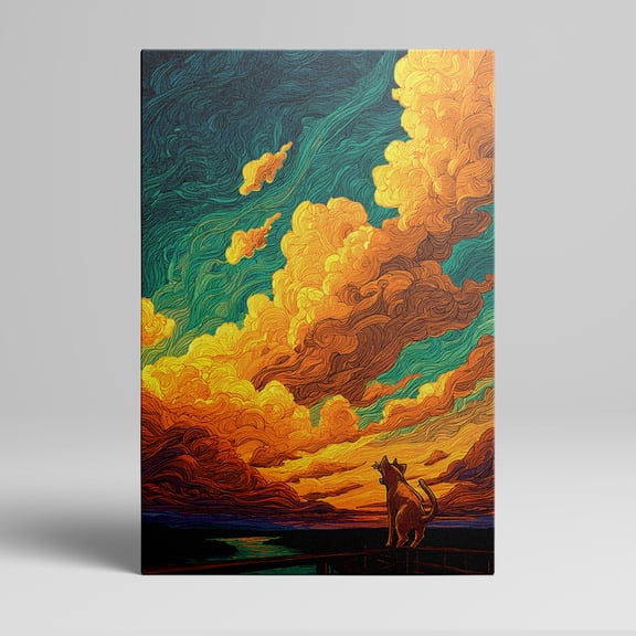 1pc Framed Canvas Wall Art featuring a Cat Gazing at a Dramatic Sky of Swirling Orange and Green Clouds, Decor room hanging Wall Picture Decor for Home Gifts, living room, bathroom, bedroom, kitchen