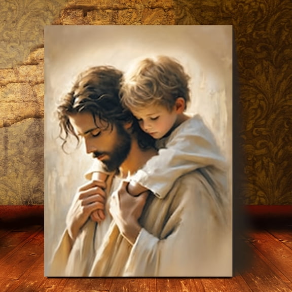 1pc Framed Christian Canvas Art - Jesus And Youngsters, Supportive Love Theme, Bible-Inspired Wall Decor, LDS Home Artwork, Warm Earthy Tones, Perfect for Spiritual Spaces