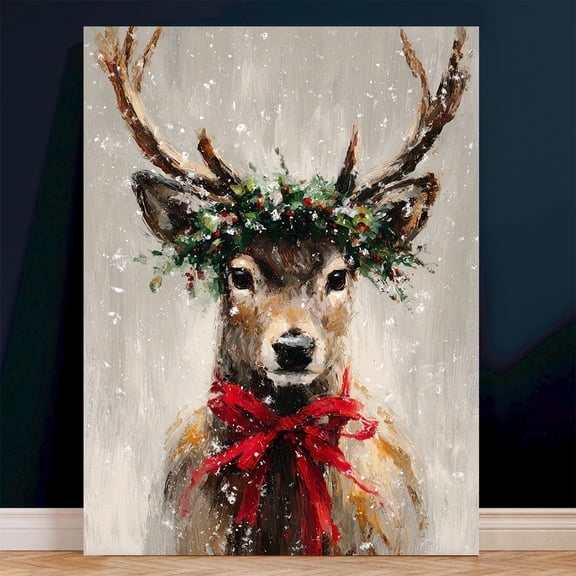 1pc Framed Christmas Reindeer Wall Art with Holly Wreath & Bow - Deer Canvas Print Suitable for: Holiday Decorations, Framed Picture, Seasonal Decor - -to-Hang Frame, 2D Flat, Perfect for Room